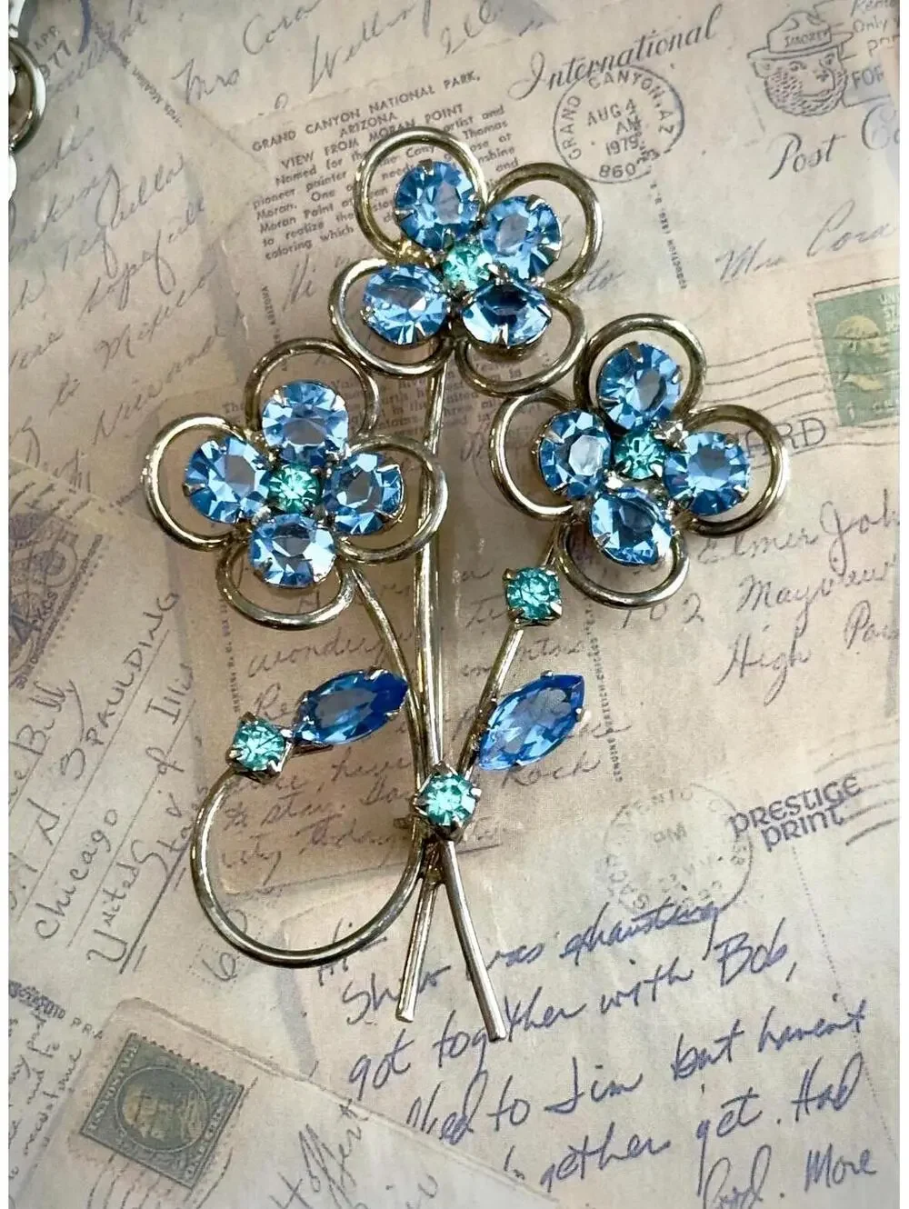 Vintage Blue Rhinestone Jewelry Set | Earrings & Floral Brooch | Something Blue